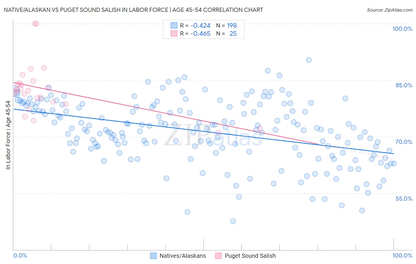 Native/Alaskan vs Puget Sound Salish In Labor Force | Age 45-54