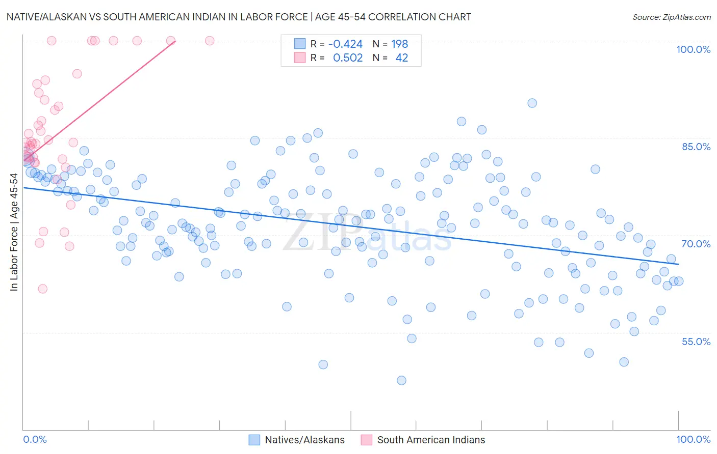 Native/Alaskan vs South American Indian In Labor Force | Age 45-54