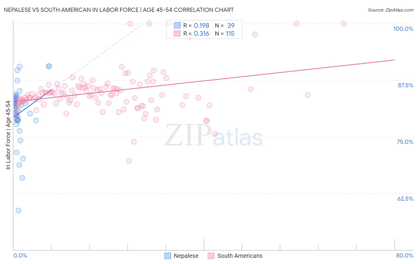 Nepalese vs South American In Labor Force | Age 45-54