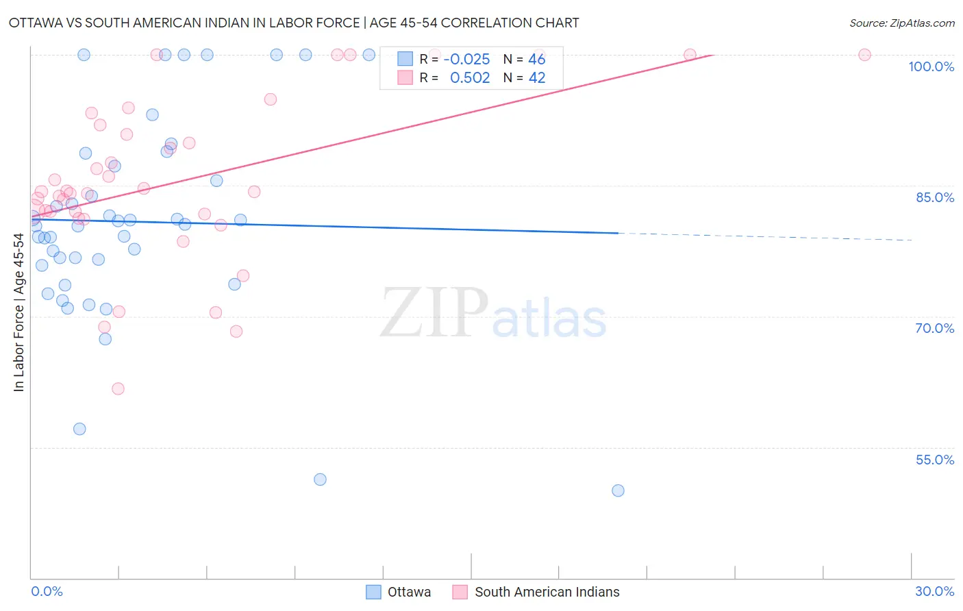 Ottawa vs South American Indian In Labor Force | Age 45-54
