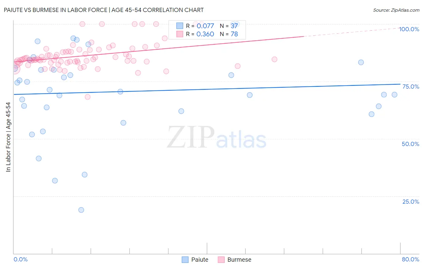 Paiute vs Burmese In Labor Force | Age 45-54