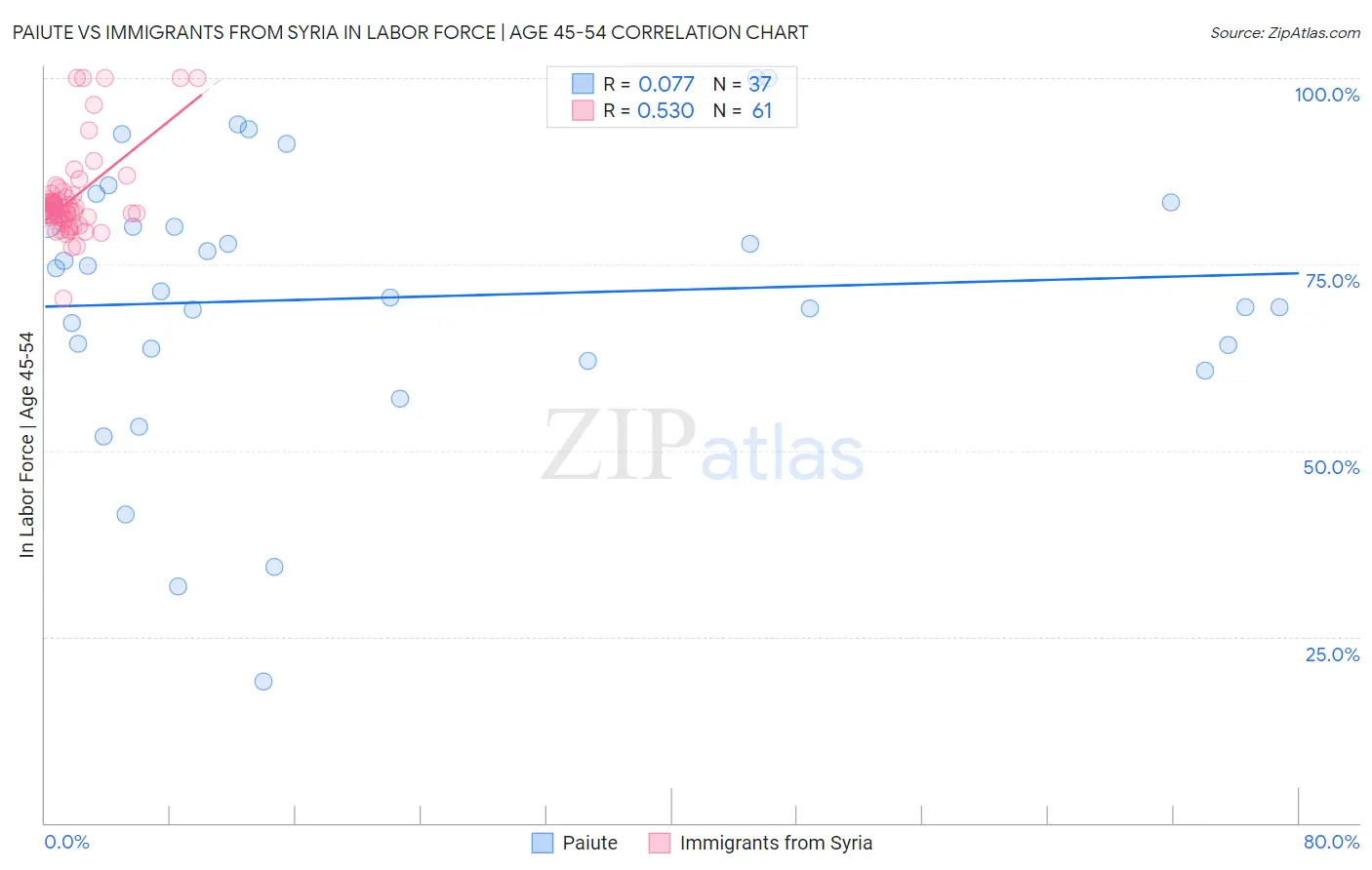 Paiute vs Immigrants from Syria In Labor Force | Age 45-54