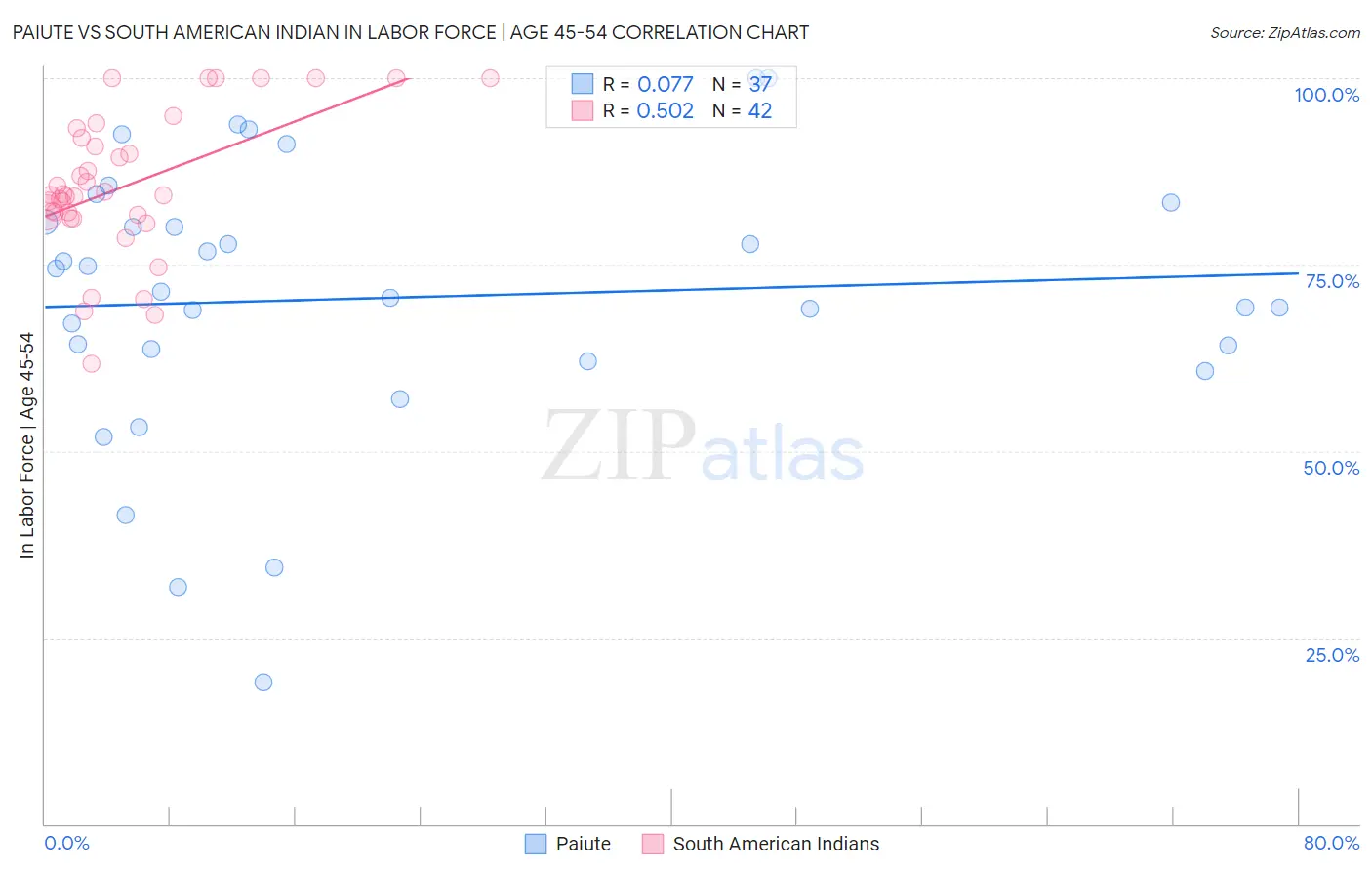 Paiute vs South American Indian In Labor Force | Age 45-54