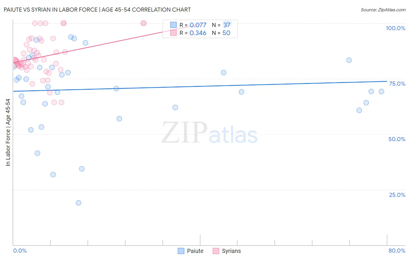 Paiute vs Syrian In Labor Force | Age 45-54