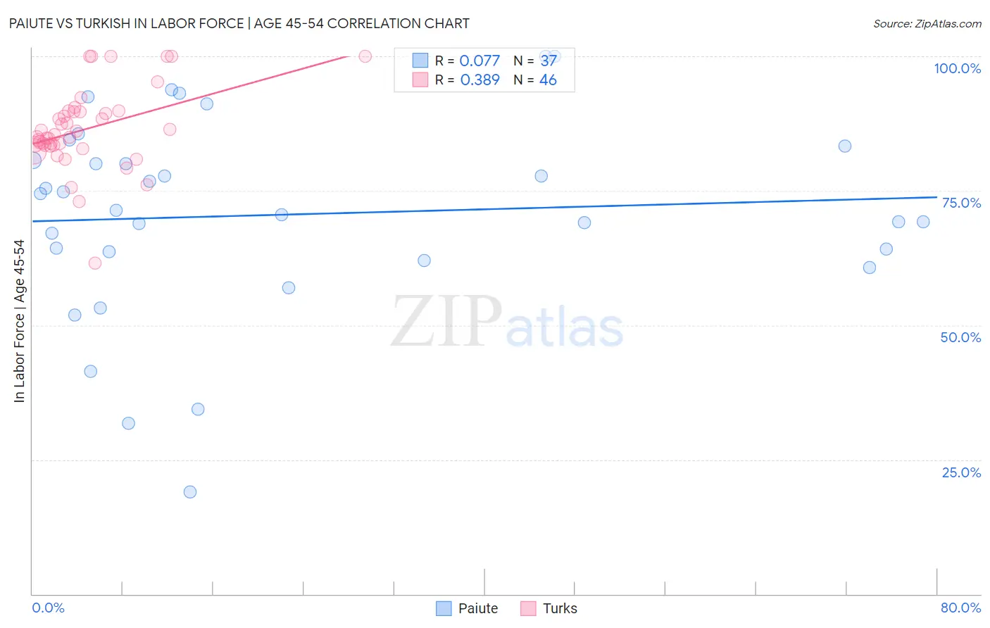 Paiute vs Turkish In Labor Force | Age 45-54
