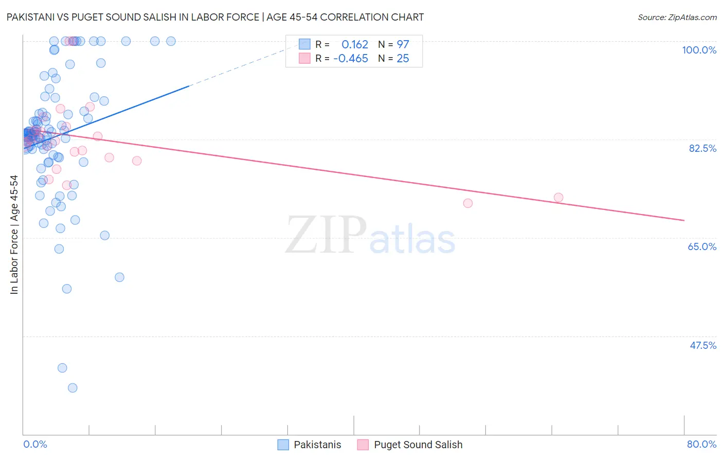 Pakistani vs Puget Sound Salish In Labor Force | Age 45-54