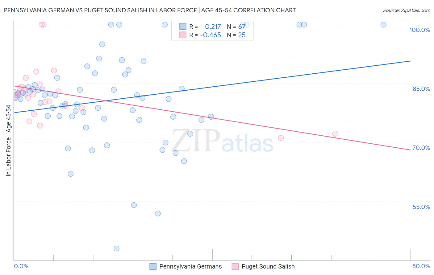 Pennsylvania German vs Puget Sound Salish In Labor Force | Age 45-54