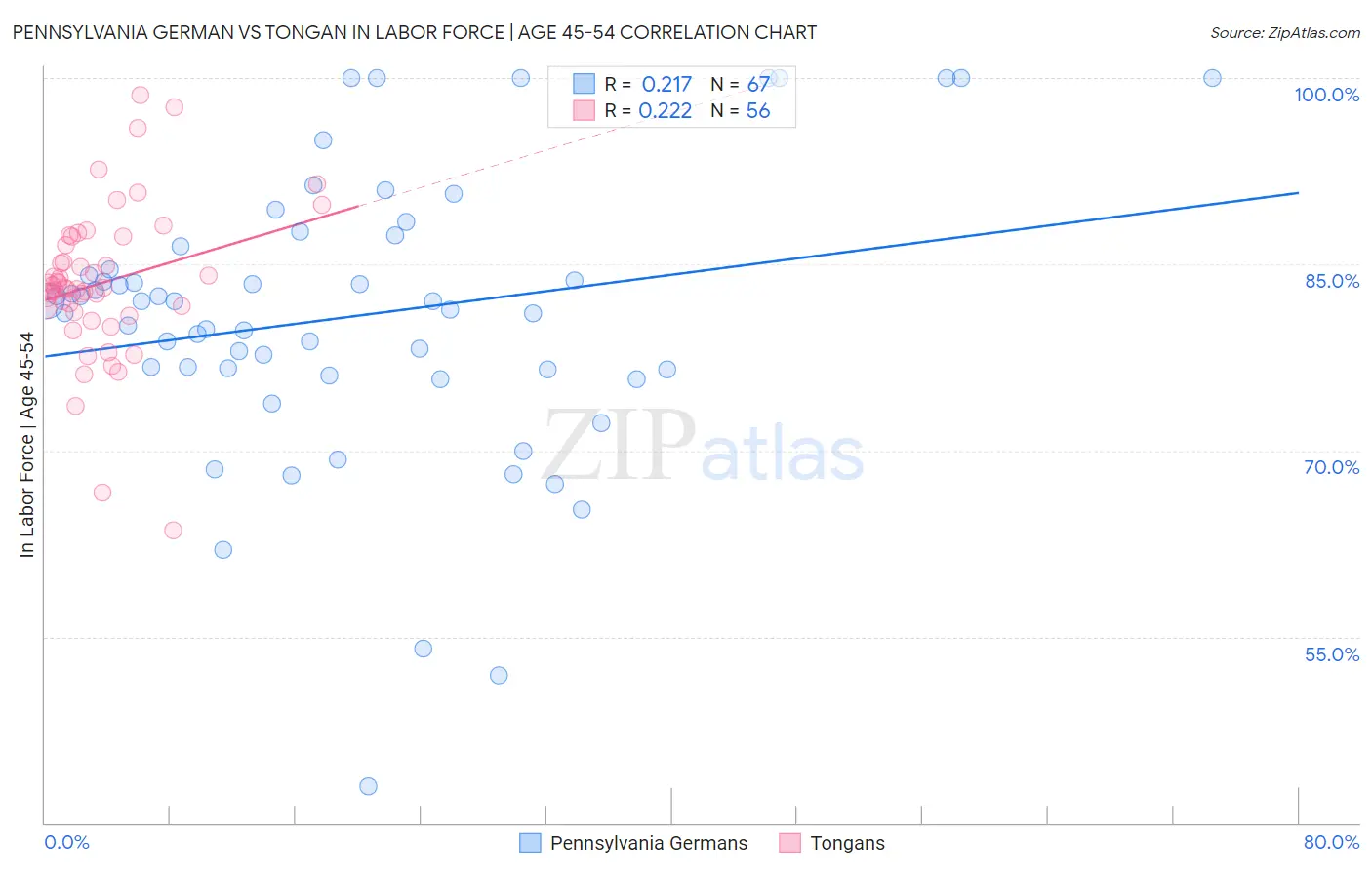 Pennsylvania German vs Tongan In Labor Force | Age 45-54