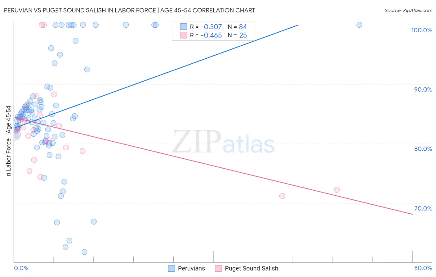 Peruvian vs Puget Sound Salish In Labor Force | Age 45-54