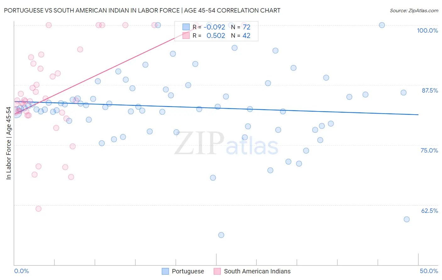 Portuguese vs South American Indian In Labor Force | Age 45-54