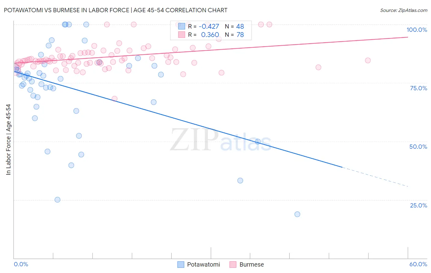 Potawatomi vs Burmese In Labor Force | Age 45-54