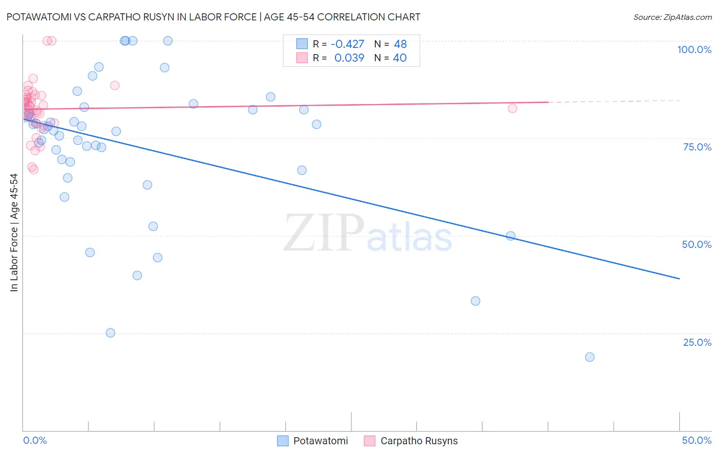 Potawatomi vs Carpatho Rusyn In Labor Force | Age 45-54