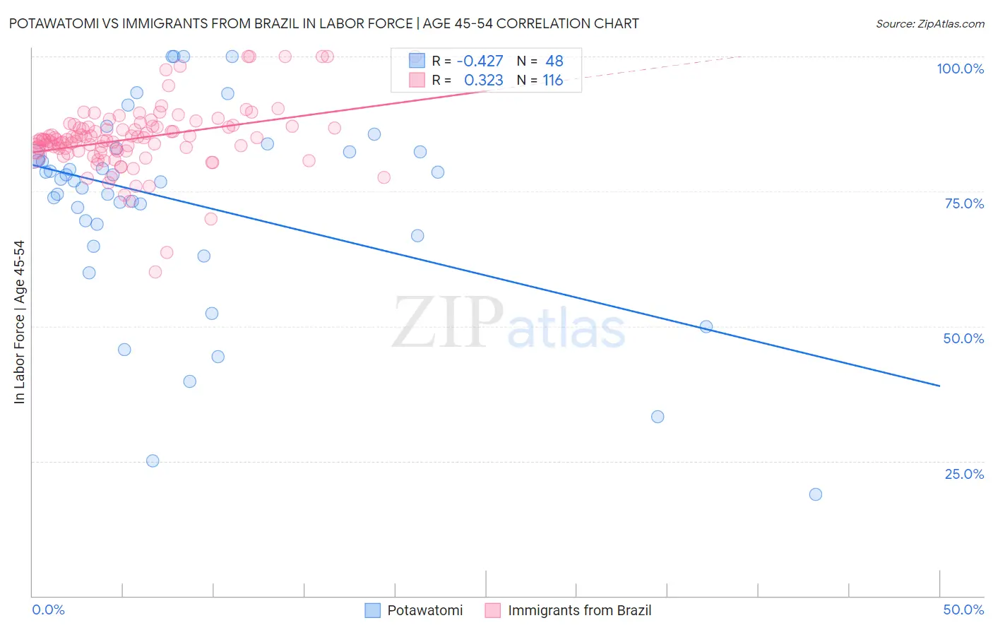 Potawatomi vs Immigrants from Brazil In Labor Force | Age 45-54