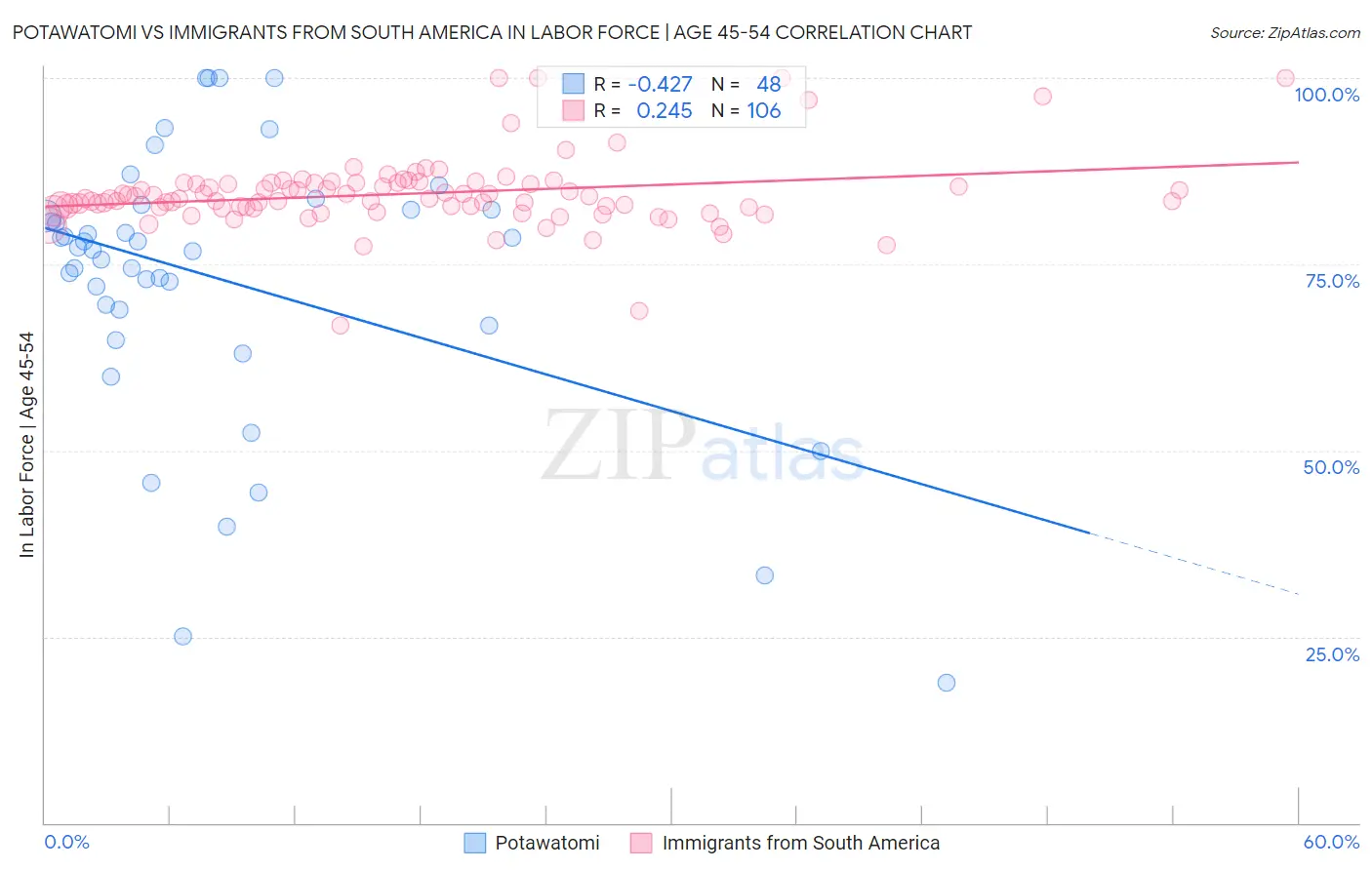 Potawatomi vs Immigrants from South America In Labor Force | Age 45-54