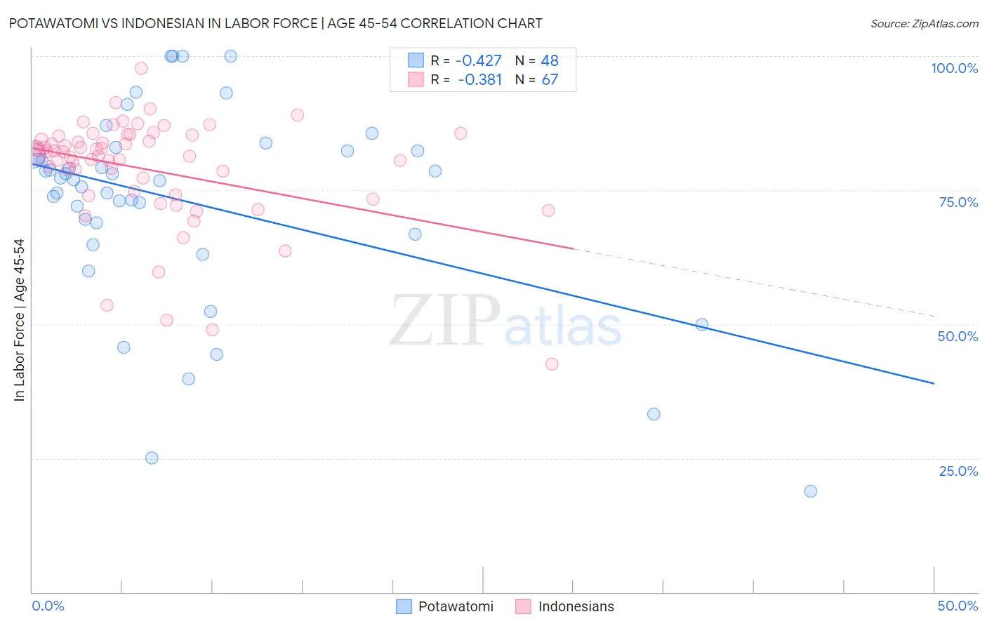 Potawatomi vs Indonesian In Labor Force | Age 45-54