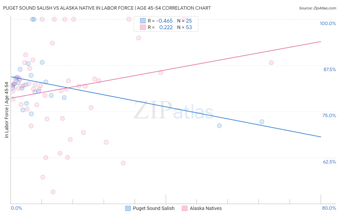 Puget Sound Salish vs Alaska Native In Labor Force | Age 45-54