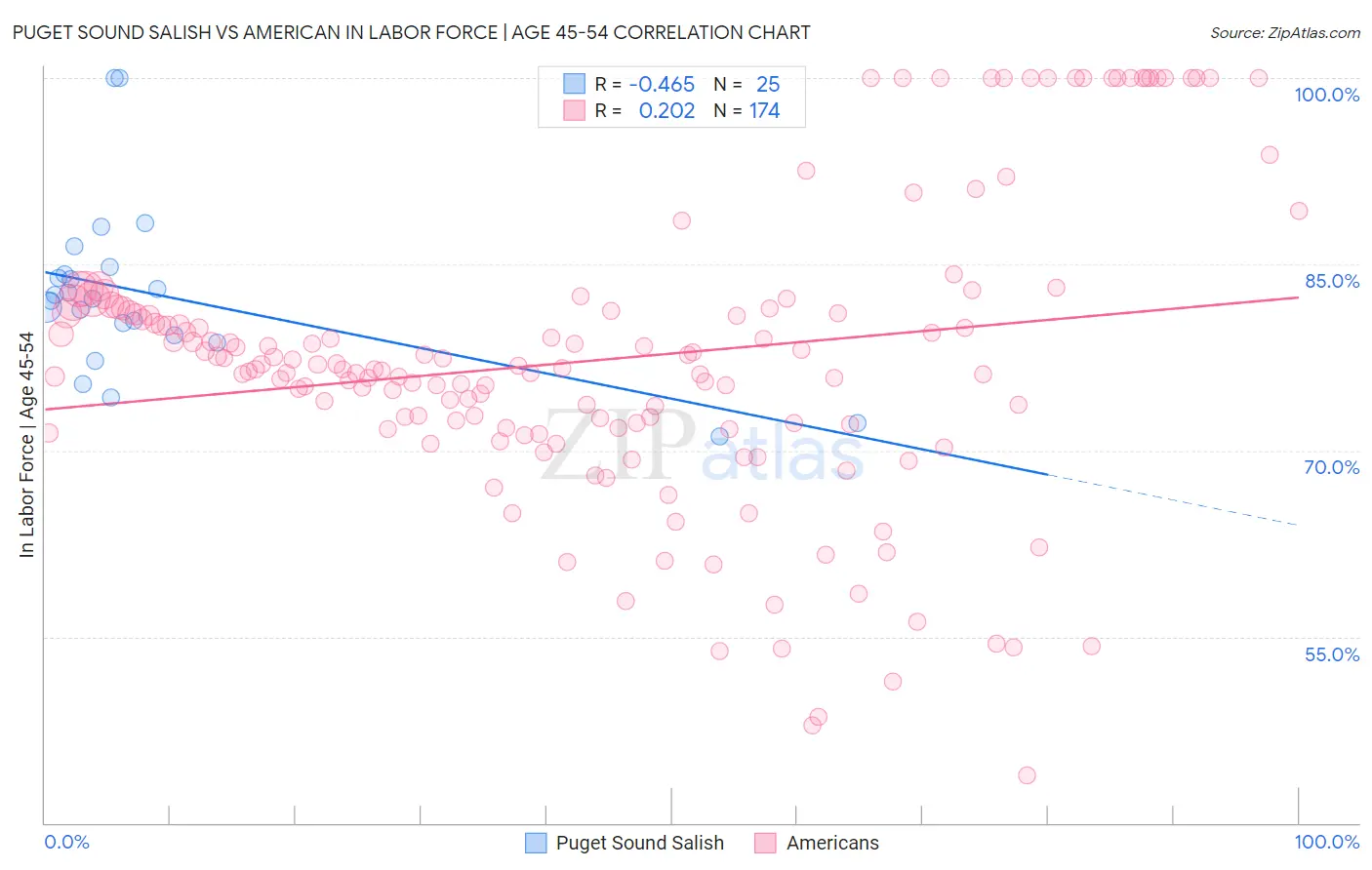 Puget Sound Salish vs American In Labor Force | Age 45-54