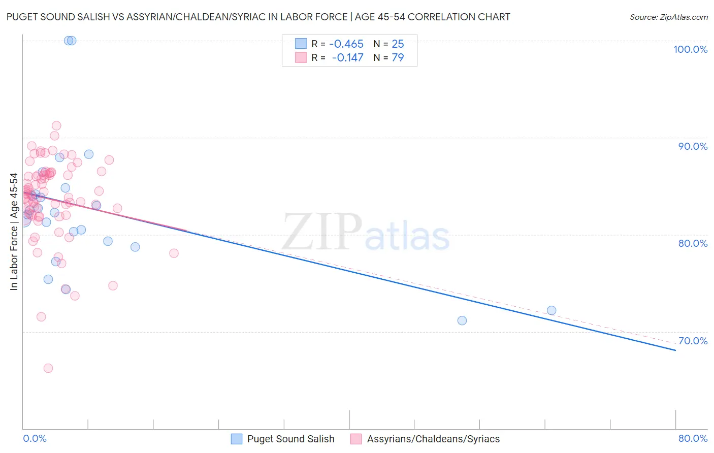Puget Sound Salish vs Assyrian/Chaldean/Syriac In Labor Force | Age 45-54