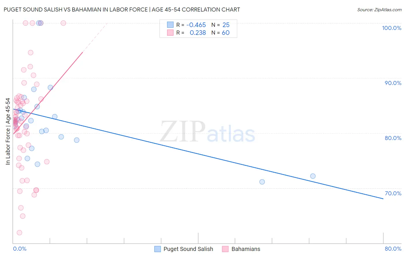 Puget Sound Salish vs Bahamian In Labor Force | Age 45-54