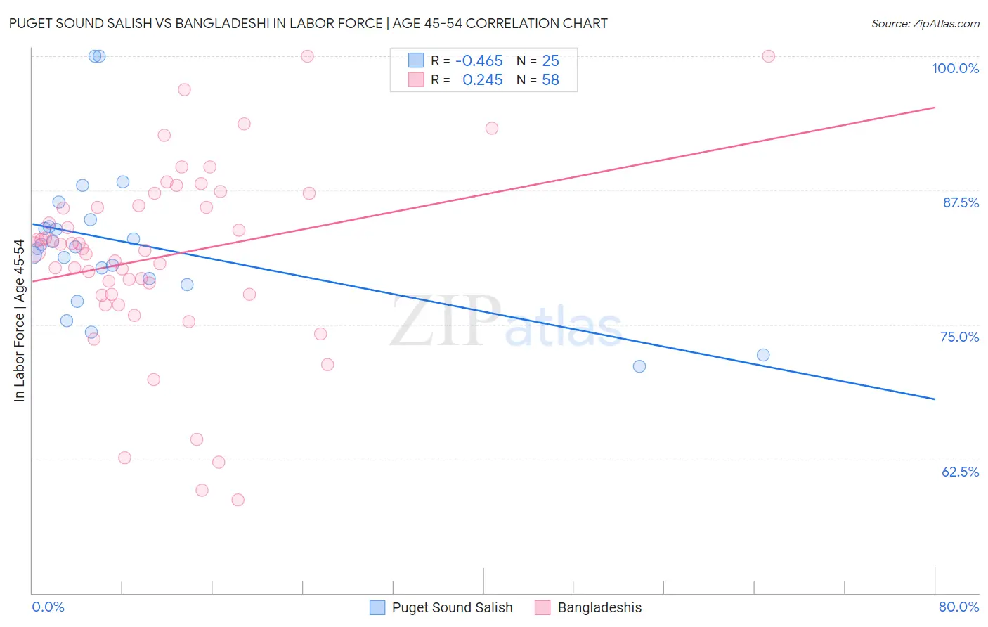 Puget Sound Salish vs Bangladeshi In Labor Force | Age 45-54