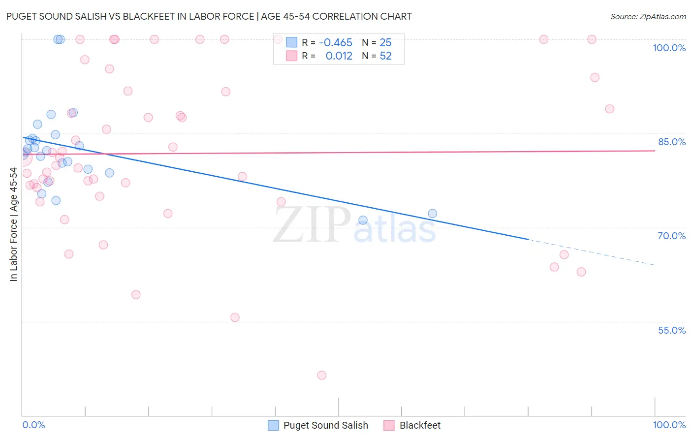 Puget Sound Salish vs Blackfeet In Labor Force | Age 45-54