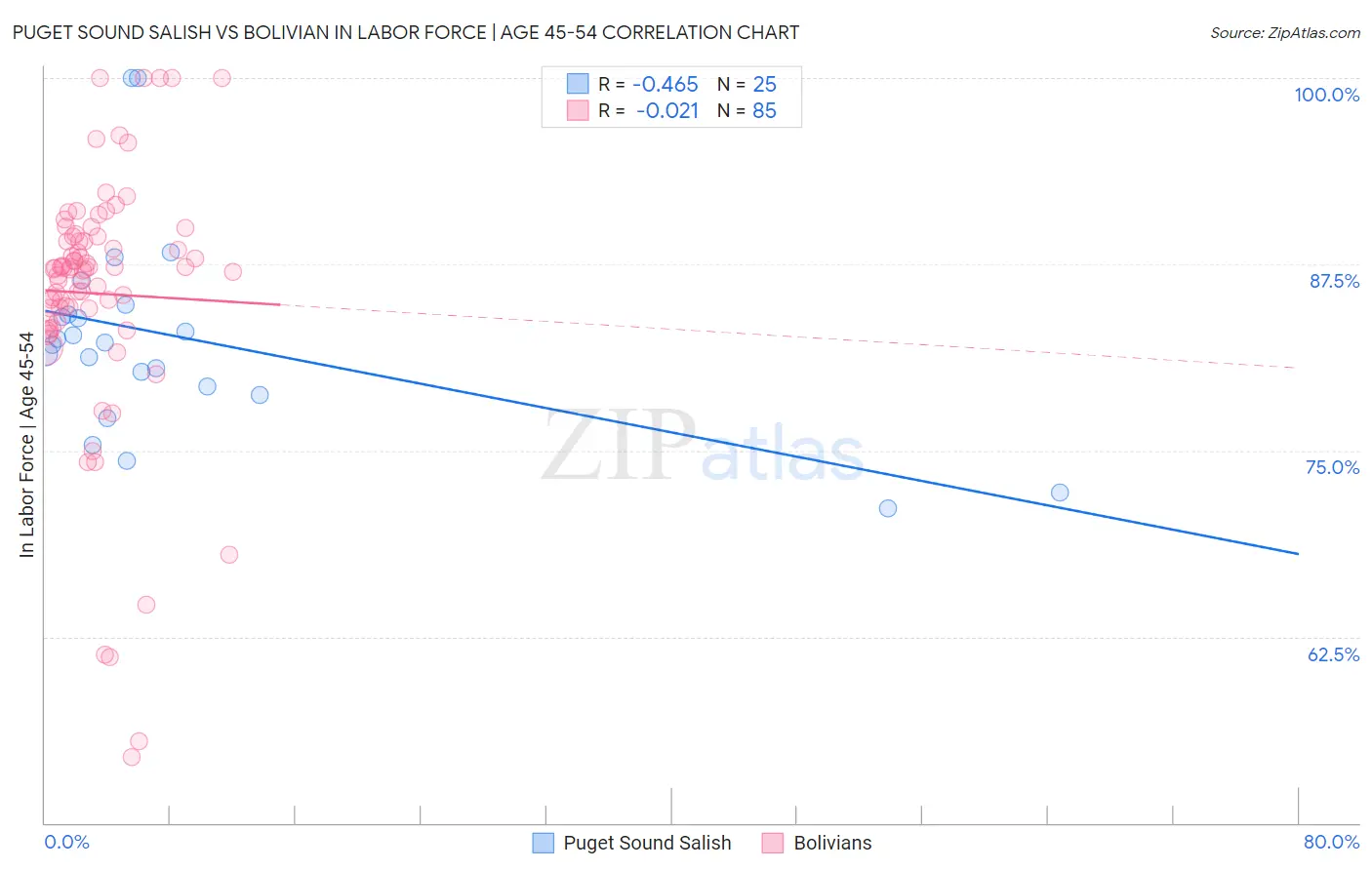 Puget Sound Salish vs Bolivian In Labor Force | Age 45-54