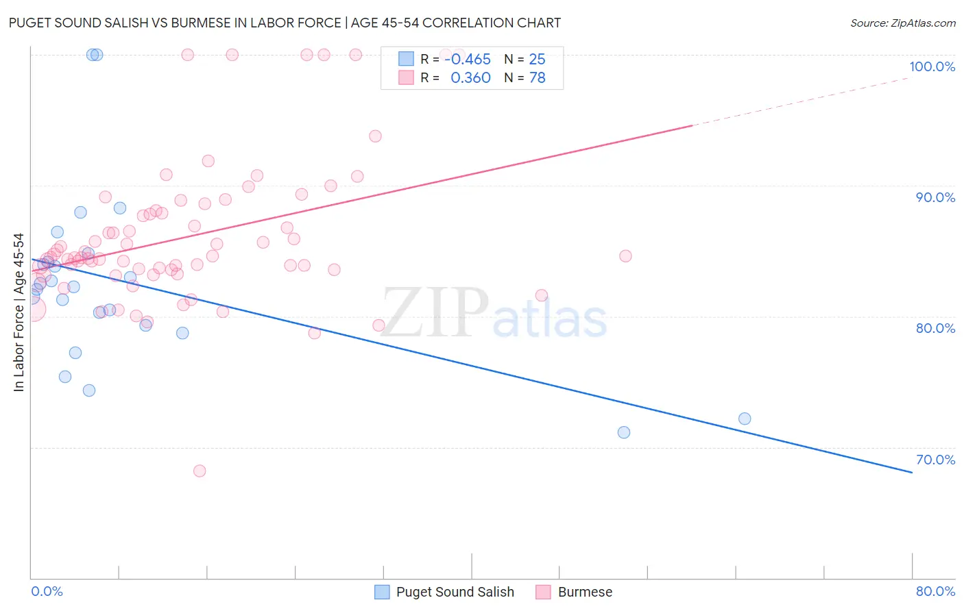 Puget Sound Salish vs Burmese In Labor Force | Age 45-54