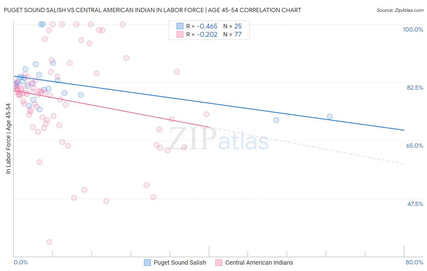 Puget Sound Salish vs Central American Indian In Labor Force | Age 45-54