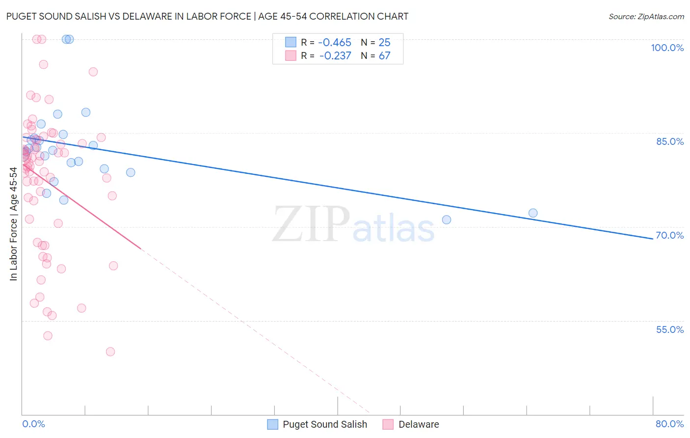 Puget Sound Salish vs Delaware In Labor Force | Age 45-54