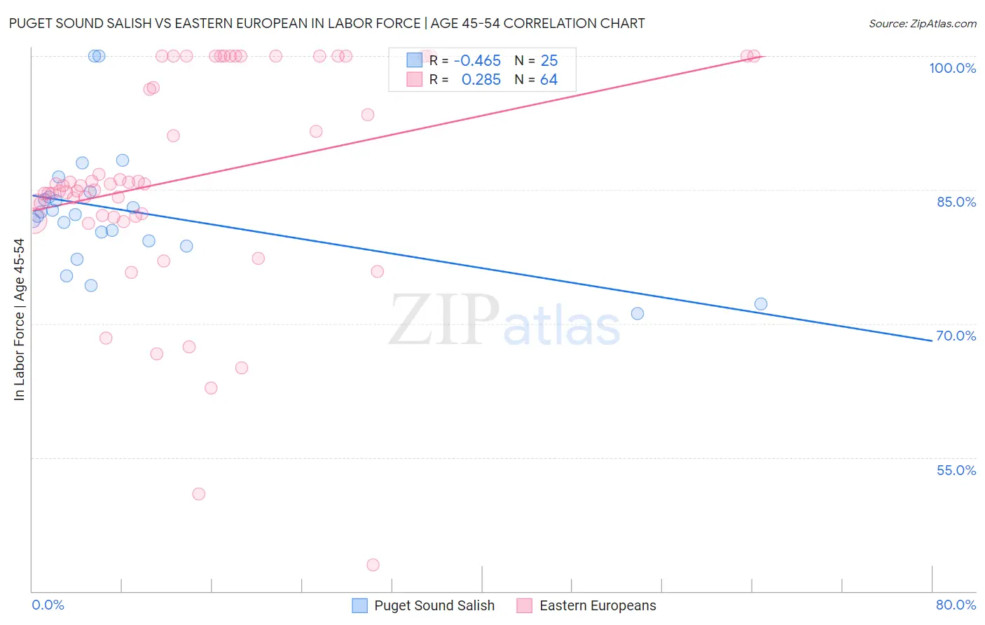 Puget Sound Salish vs Eastern European In Labor Force | Age 45-54