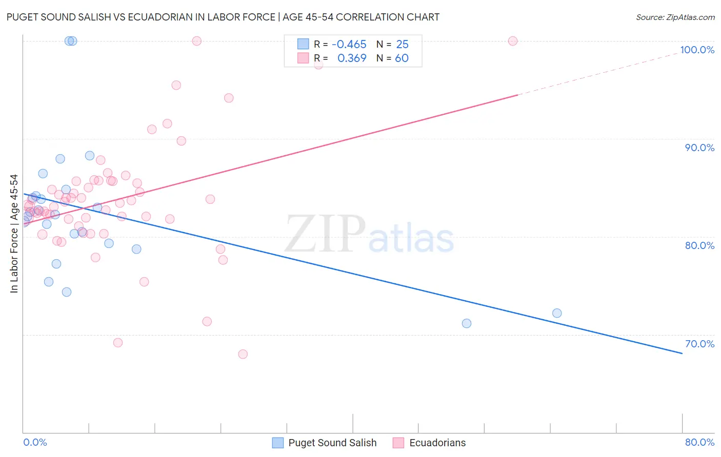 Puget Sound Salish vs Ecuadorian In Labor Force | Age 45-54