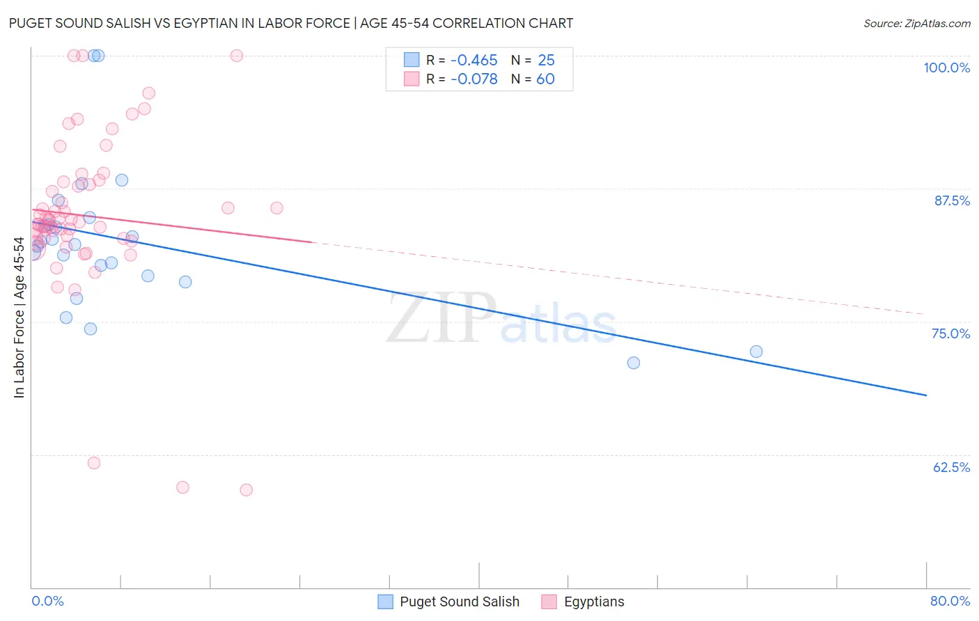 Puget Sound Salish vs Egyptian In Labor Force | Age 45-54