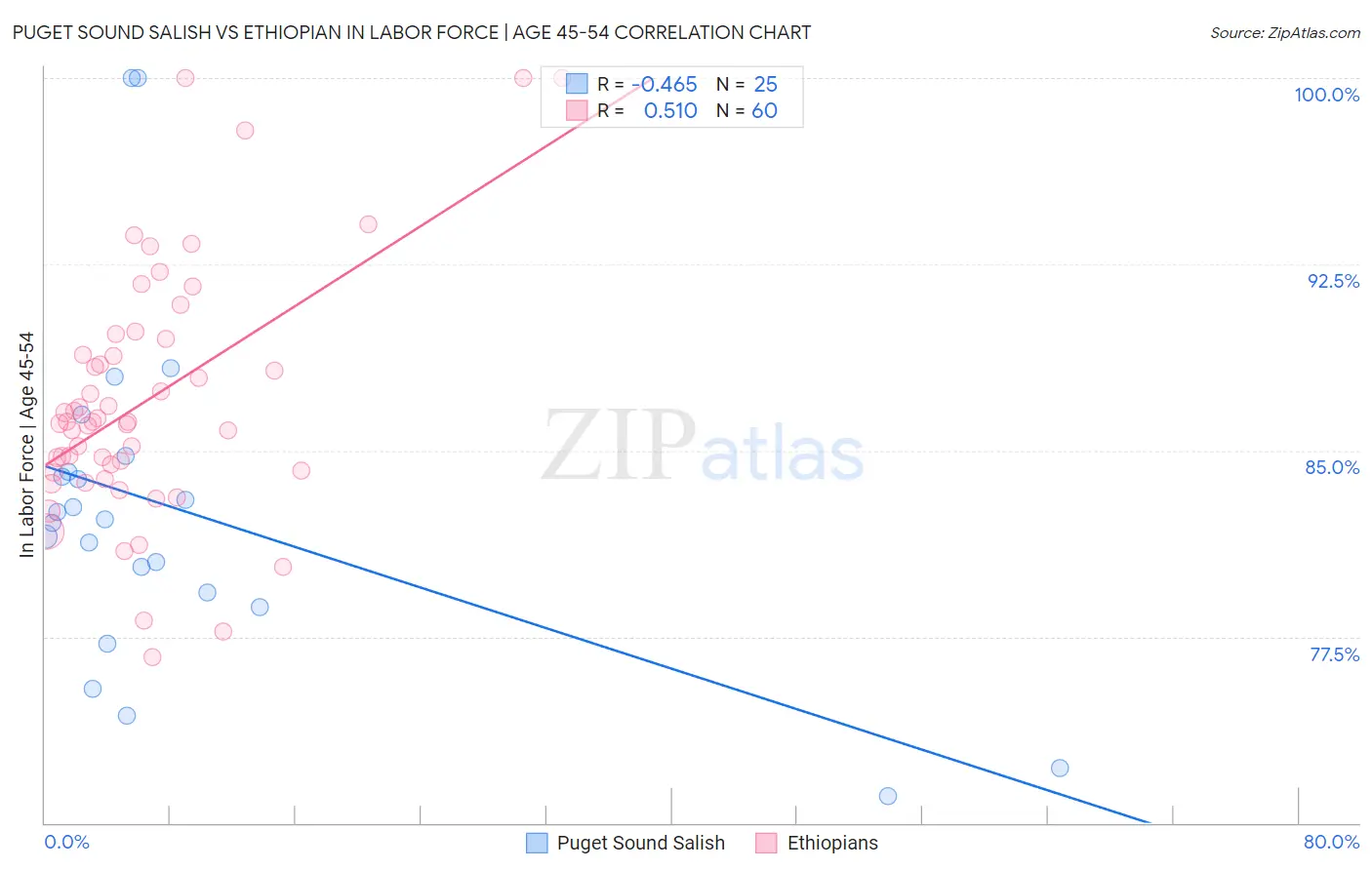Puget Sound Salish vs Ethiopian In Labor Force | Age 45-54