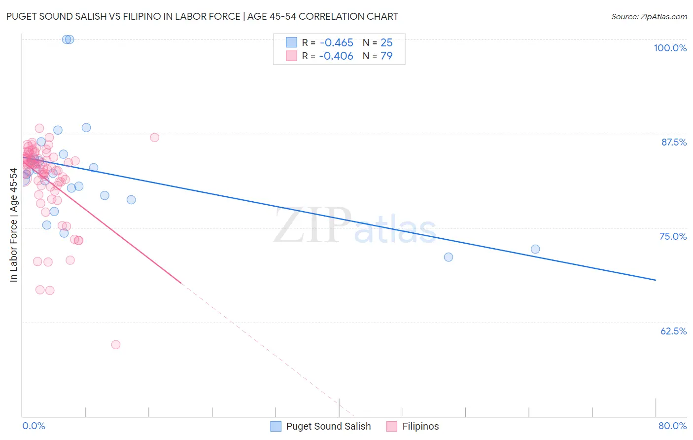 Puget Sound Salish vs Filipino In Labor Force | Age 45-54