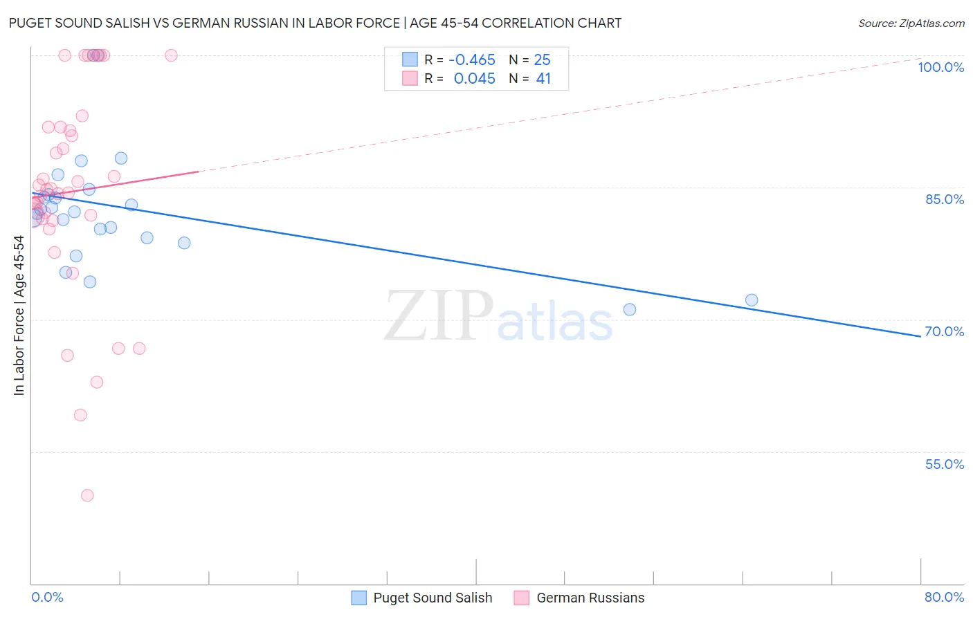 Puget Sound Salish vs German Russian In Labor Force | Age 45-54