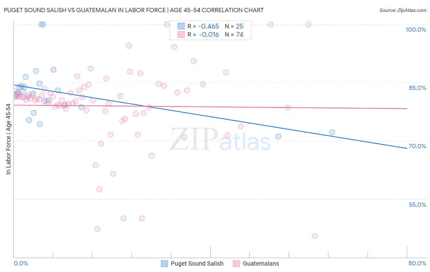 Puget Sound Salish vs Guatemalan In Labor Force | Age 45-54