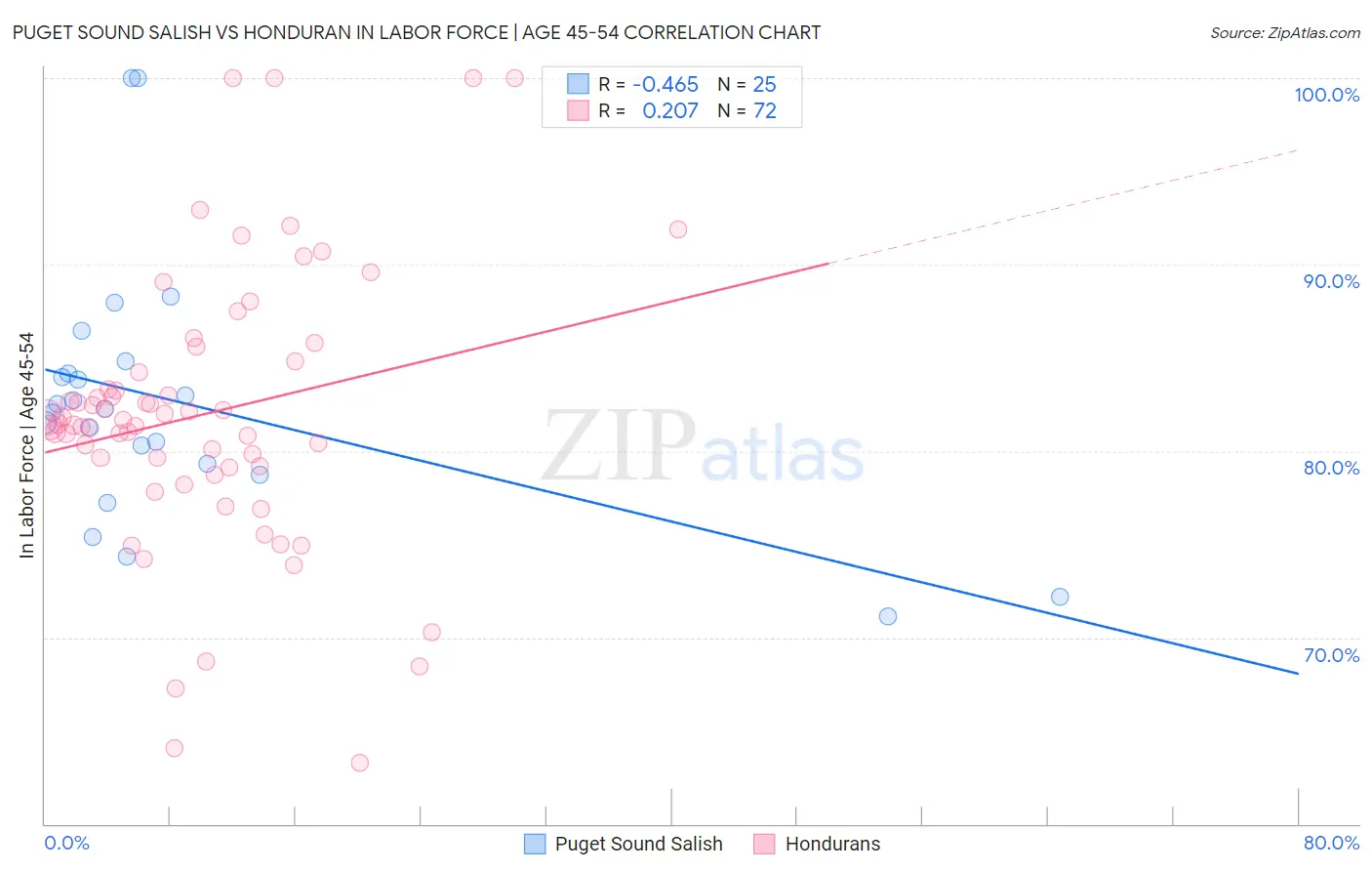 Puget Sound Salish vs Honduran In Labor Force | Age 45-54
