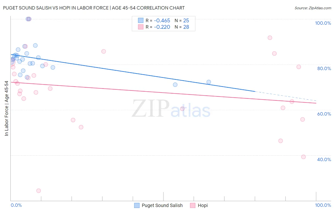 Puget Sound Salish vs Hopi In Labor Force | Age 45-54