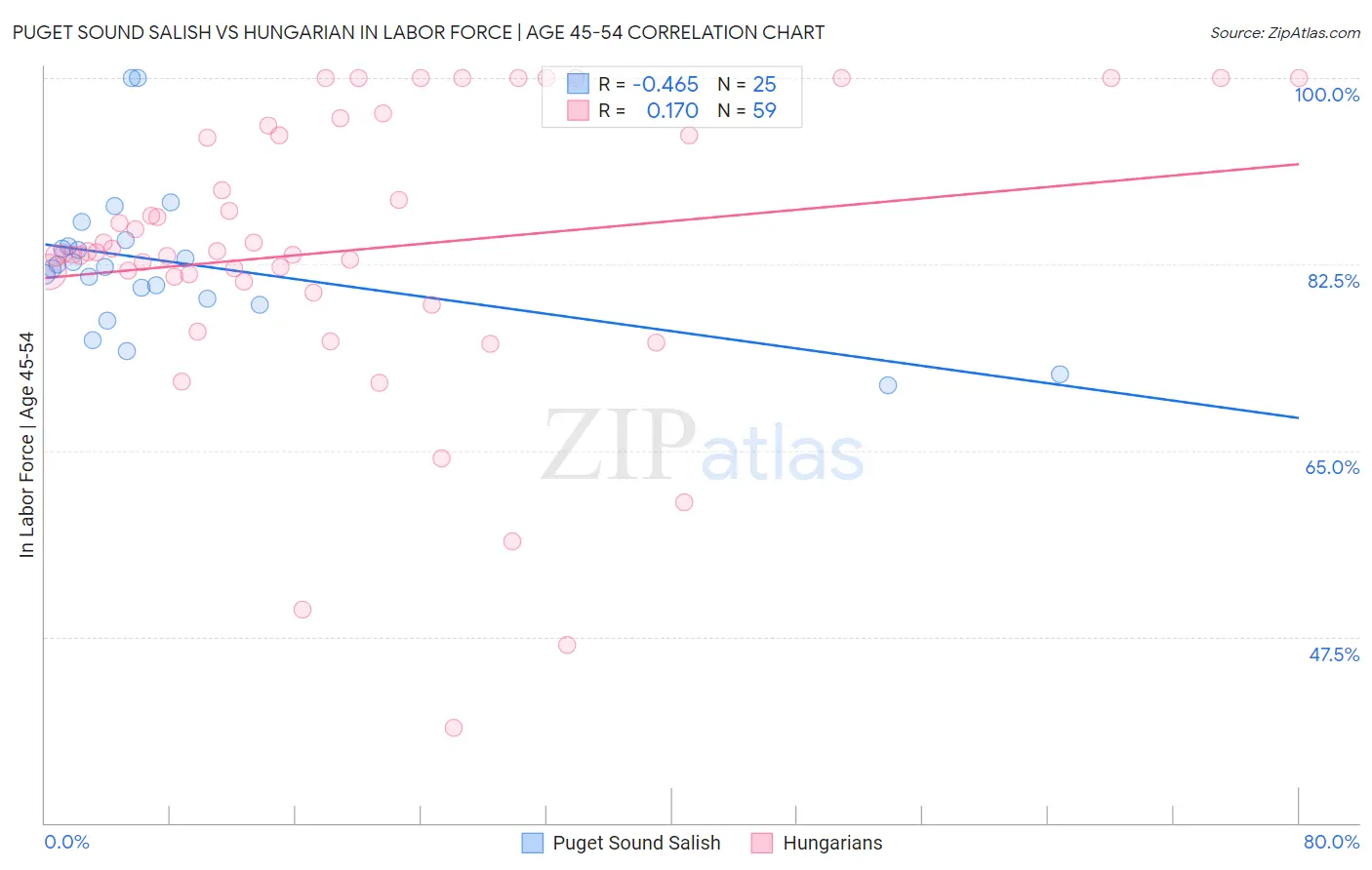 Puget Sound Salish vs Hungarian In Labor Force | Age 45-54