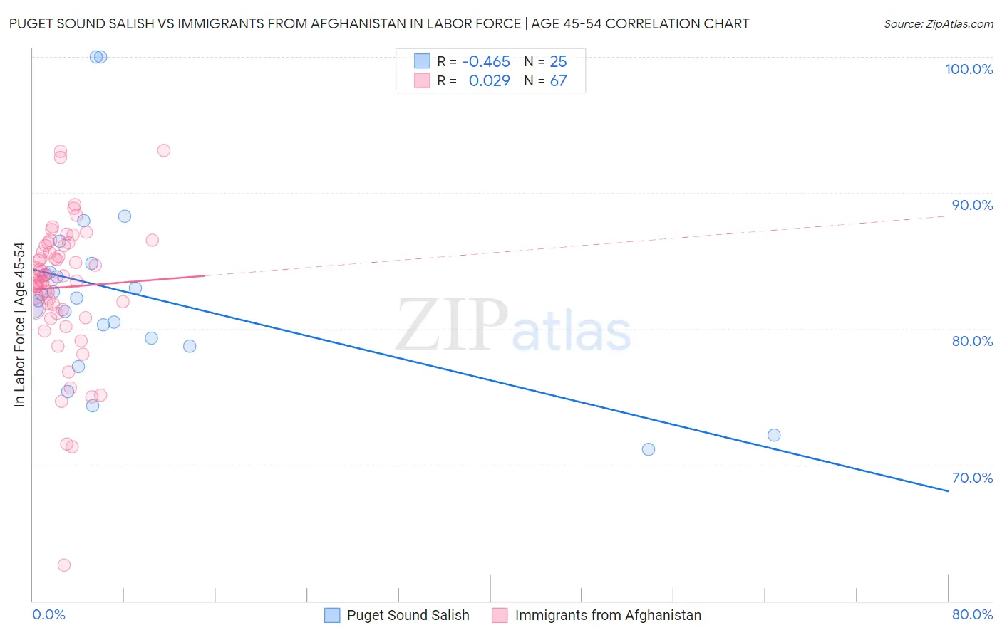 Puget Sound Salish vs Immigrants from Afghanistan In Labor Force | Age 45-54