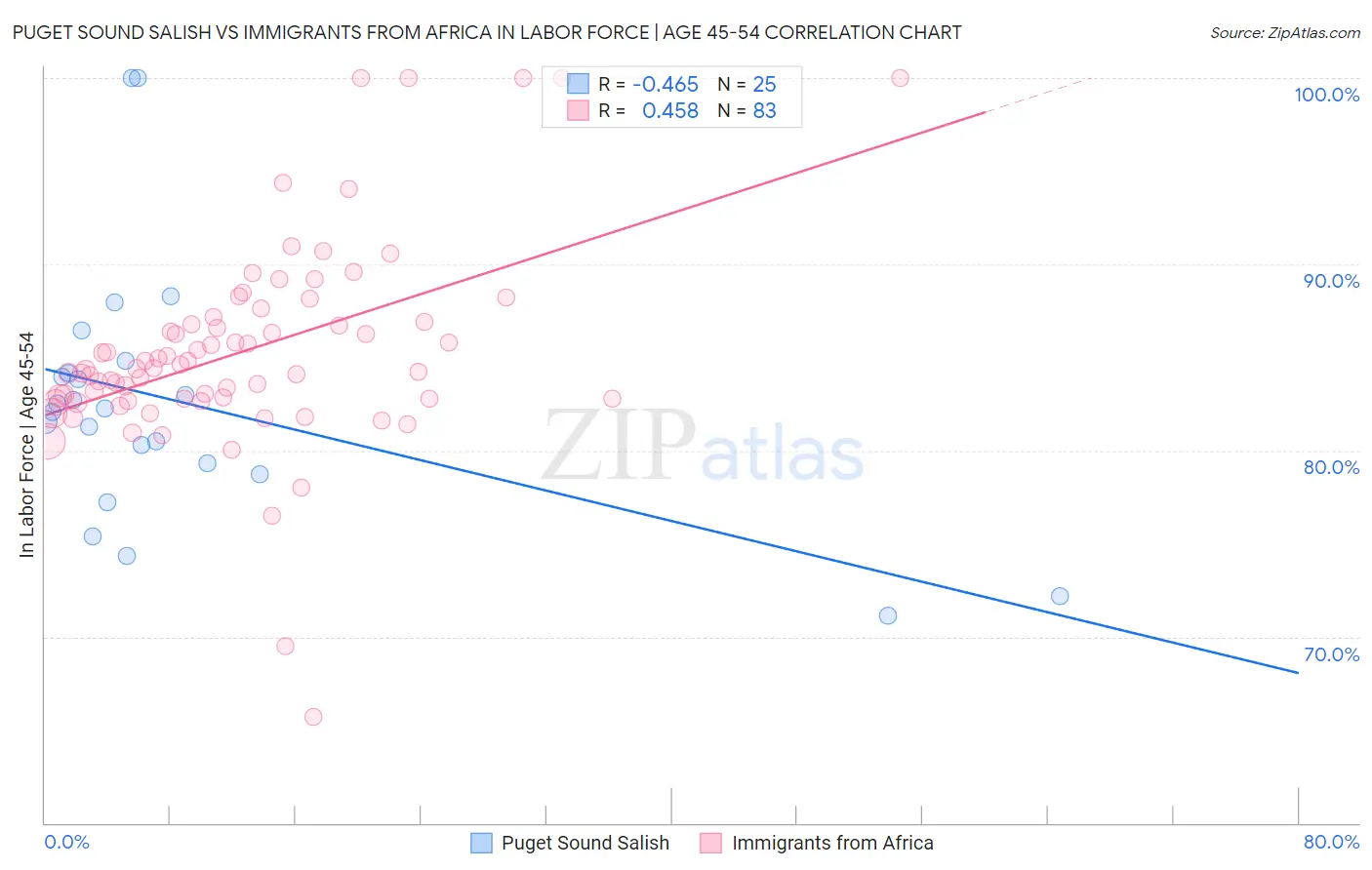 Puget Sound Salish vs Immigrants from Africa In Labor Force | Age 45-54
