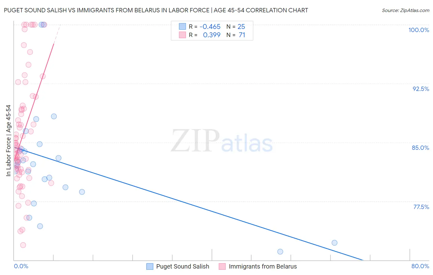 Puget Sound Salish vs Immigrants from Belarus In Labor Force | Age 45-54