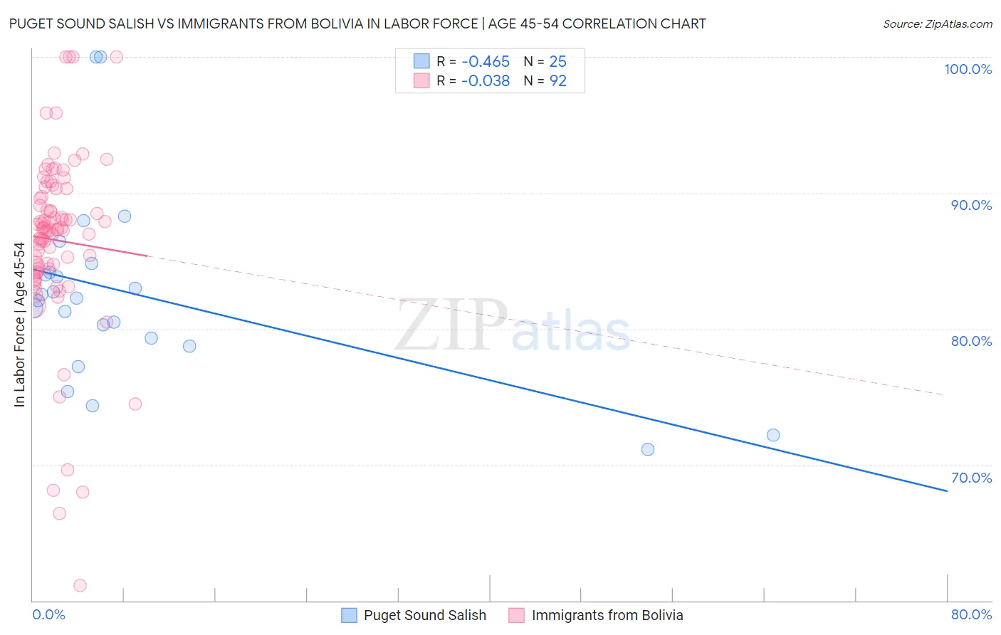 Puget Sound Salish vs Immigrants from Bolivia In Labor Force | Age 45-54