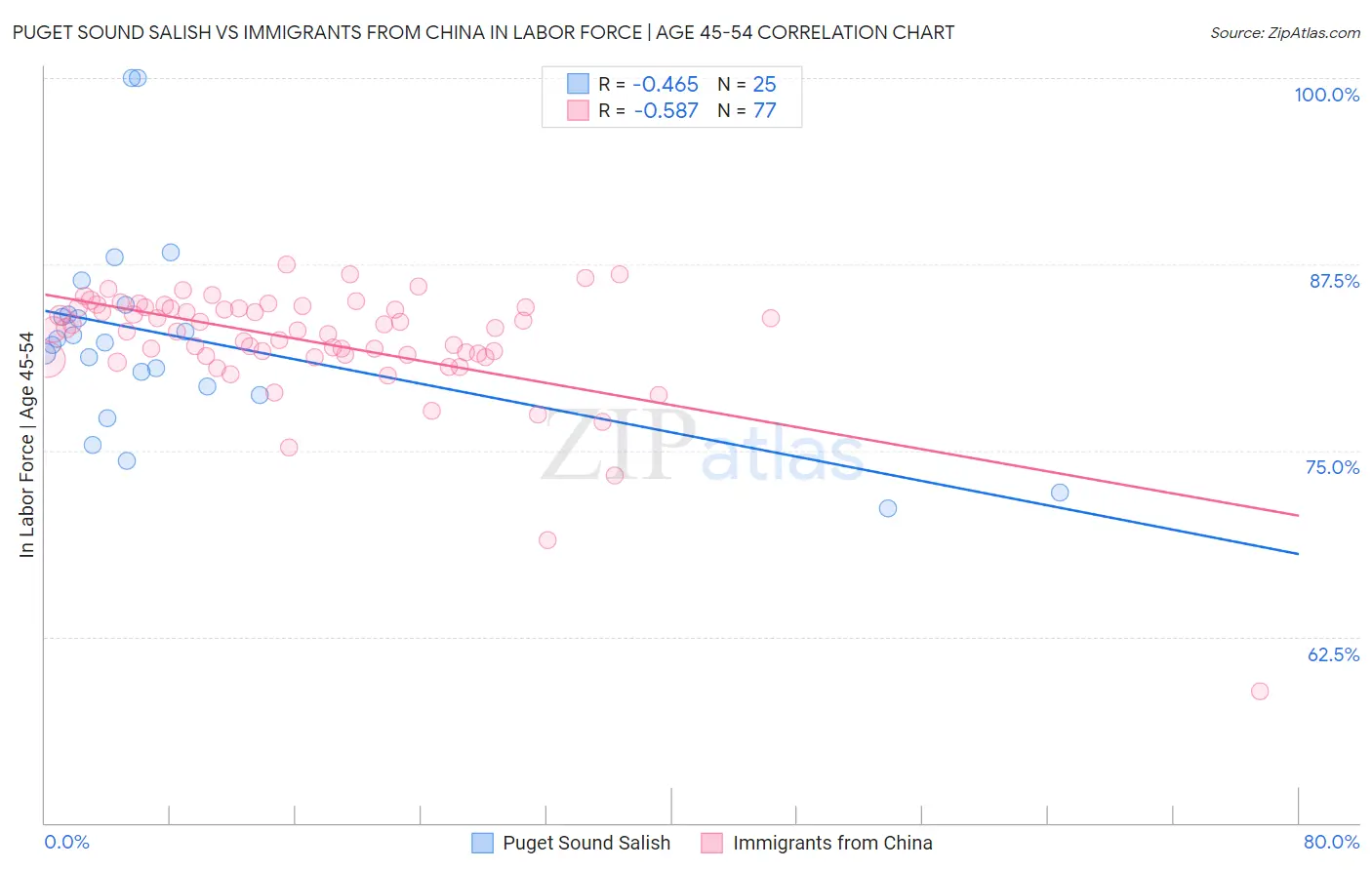 Puget Sound Salish vs Immigrants from China In Labor Force | Age 45-54