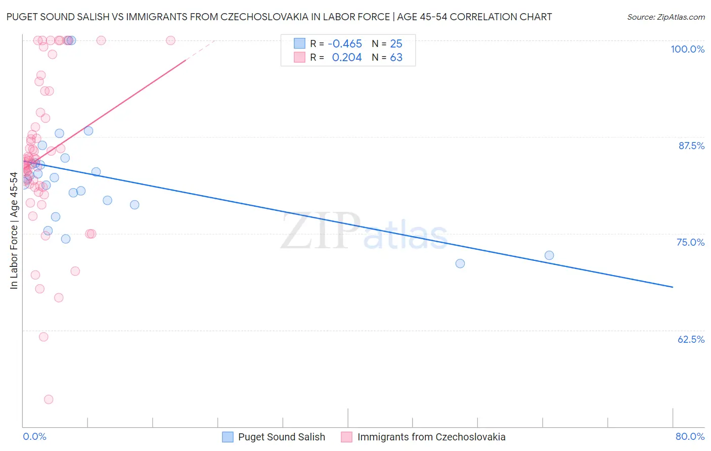 Puget Sound Salish vs Immigrants from Czechoslovakia In Labor Force | Age 45-54