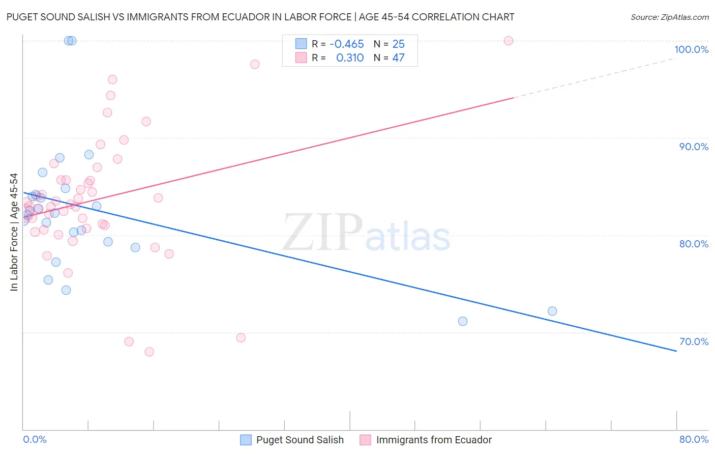 Puget Sound Salish vs Immigrants from Ecuador In Labor Force | Age 45-54