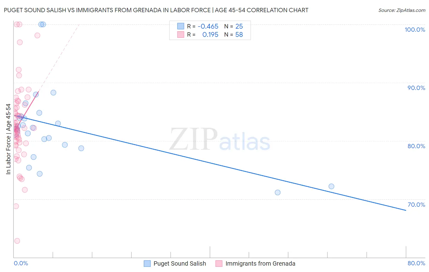 Puget Sound Salish vs Immigrants from Grenada In Labor Force | Age 45-54