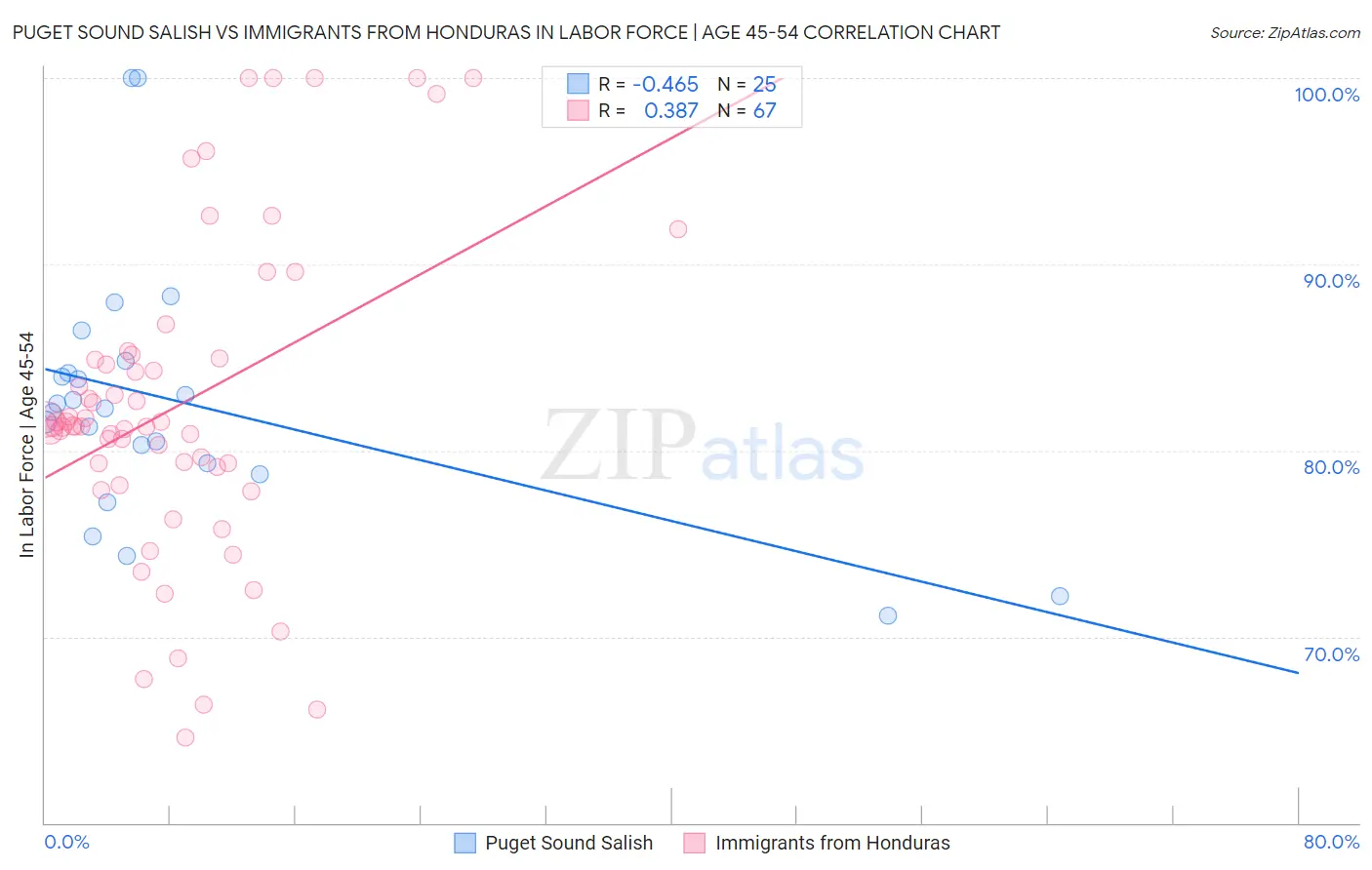 Puget Sound Salish vs Immigrants from Honduras In Labor Force | Age 45-54