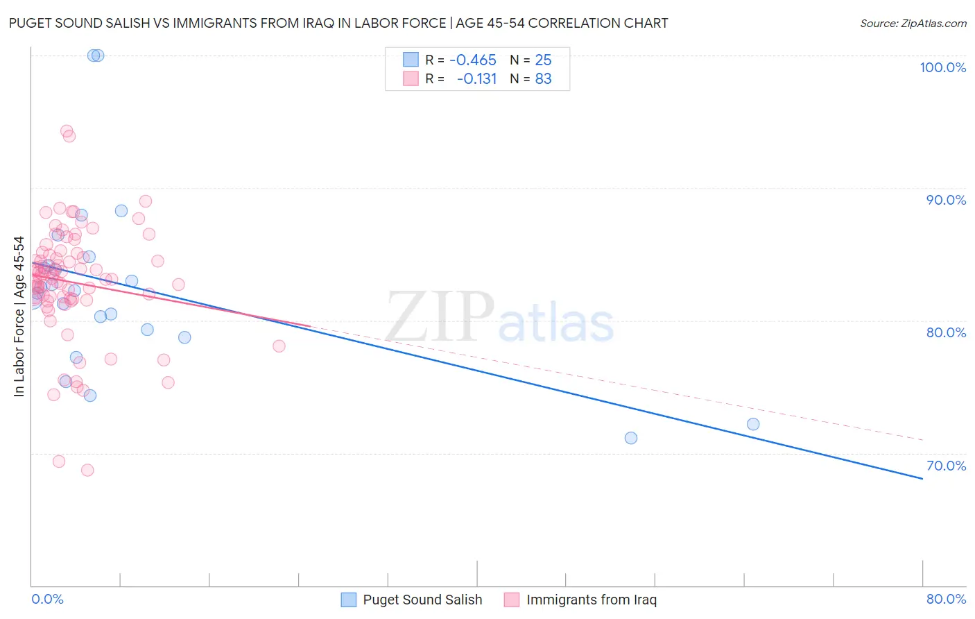 Puget Sound Salish vs Immigrants from Iraq In Labor Force | Age 45-54
