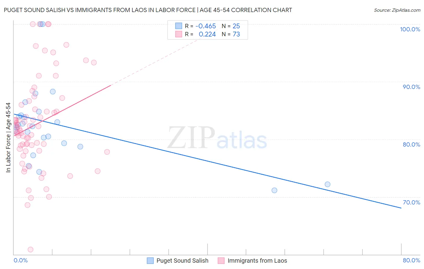 Puget Sound Salish vs Immigrants from Laos In Labor Force | Age 45-54